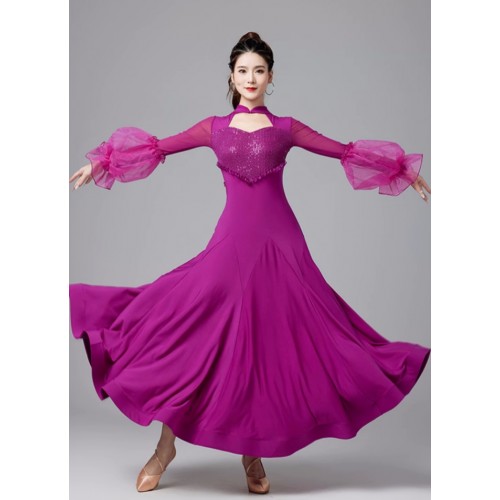 Black purple red sequins ballroom dance dresses for women girls lantern sleeves waltz tango foxtrot rhythm moving dance long gown for lady